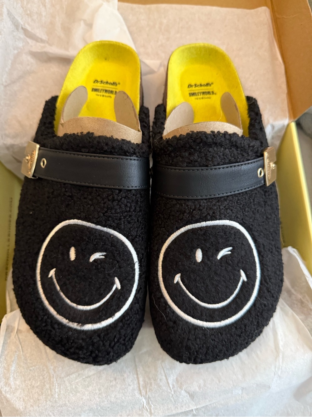 Dr. Scholl's Black Teddy Sherpa Slide Mules with Smiley Embroidery